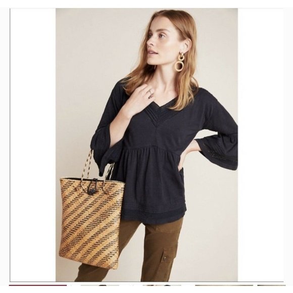 Anthropologie Tops - Anthropologie Siobhan Babydoll Top Black Cotton Crochet Peplum Shirt Womens L